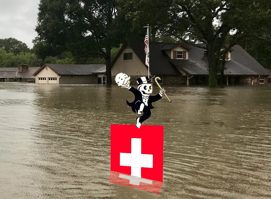 A flooded suburban American street; a partially submerged Swiss flag sits in the foreground; atop the flag dances a version of Monopoly’s Rich Uncle Pennybags, who has removed his face to reveal a grinning skull. Image: Ready.gov (modified) https://www.ready.gov/floods