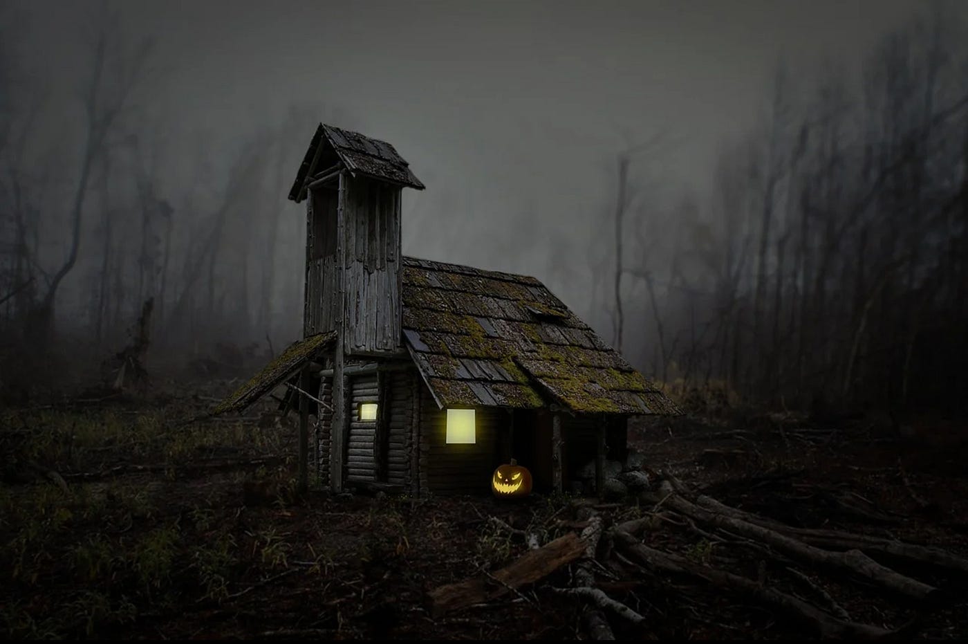 A spooky old rundown cabin, in the woods, with a light showing in the window and a cheeky halloween pumpkin, creepily grinning.