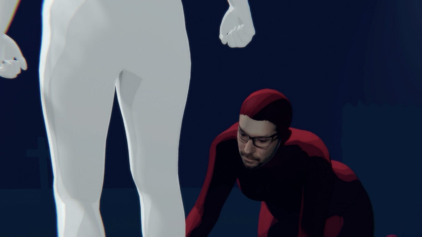 A digital rendering of a person dressed in red crawling next to a white silhouette