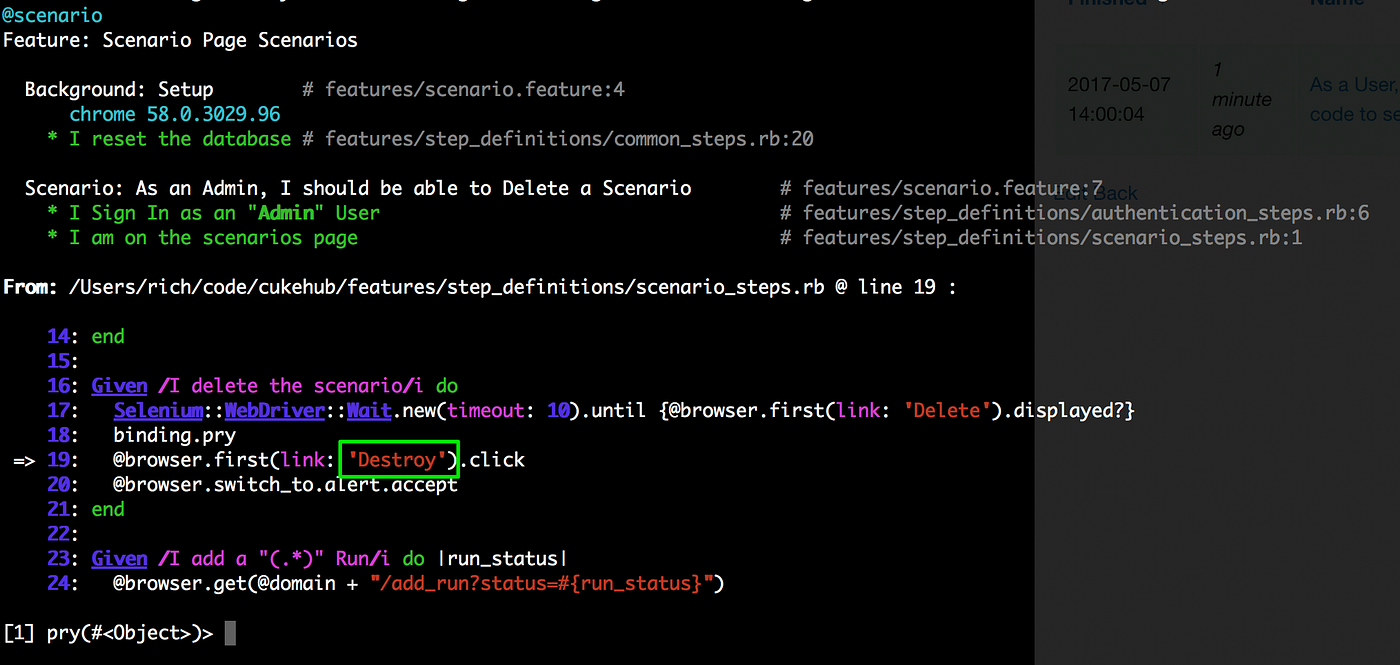 Debug Cucumber Selenium tests with Pry by CukeHub Medium