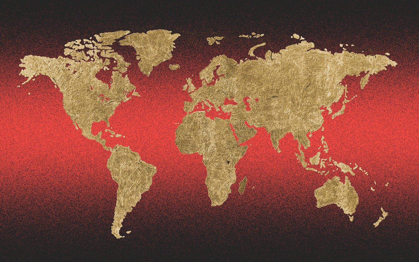 Photo treatment of a world map against a red and black background.