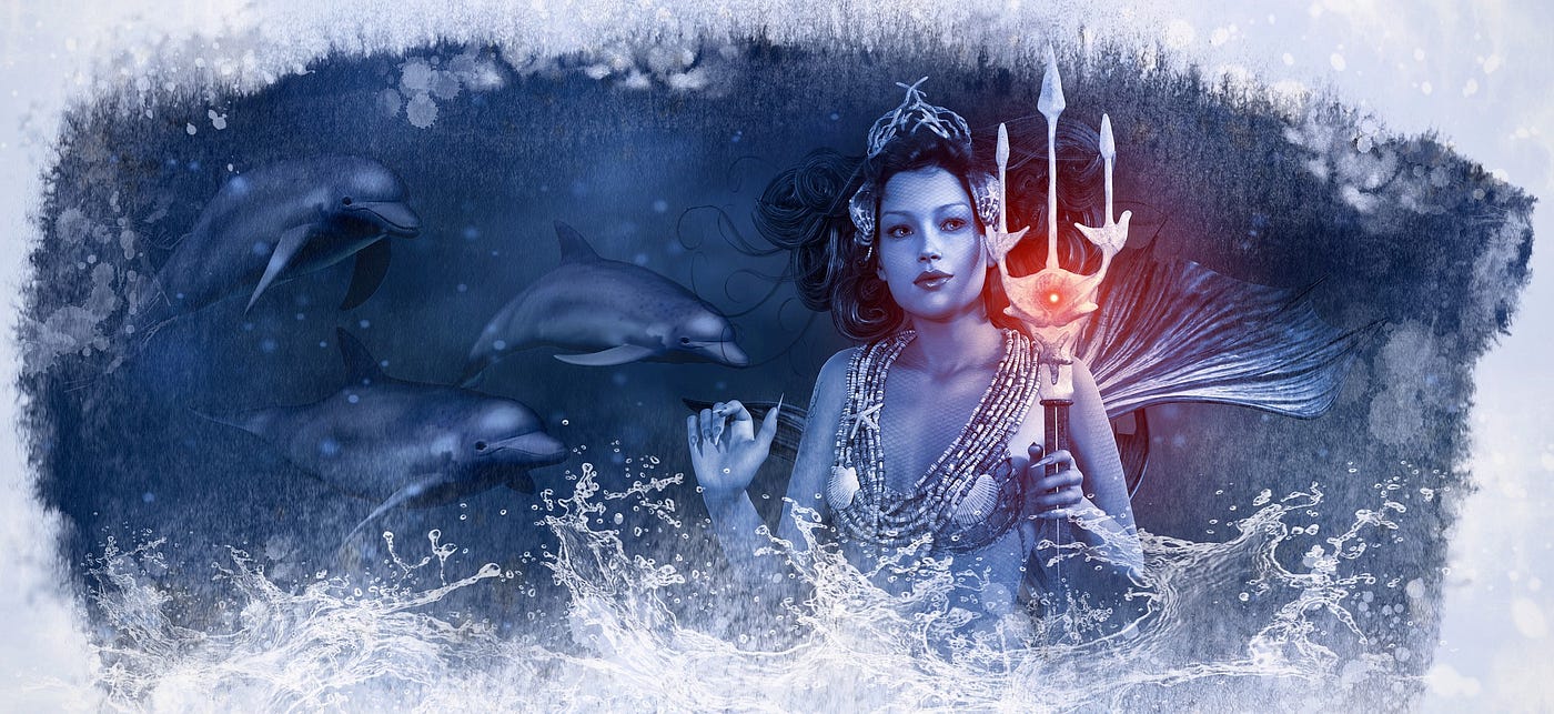 Fantasy under-sea image of a mermaid holding a trident