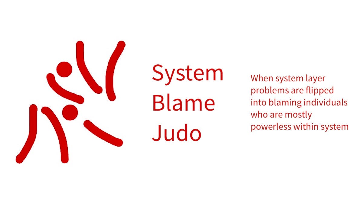 Olympic Games style graphic of Judo figures. Text headline is System Blame Judo