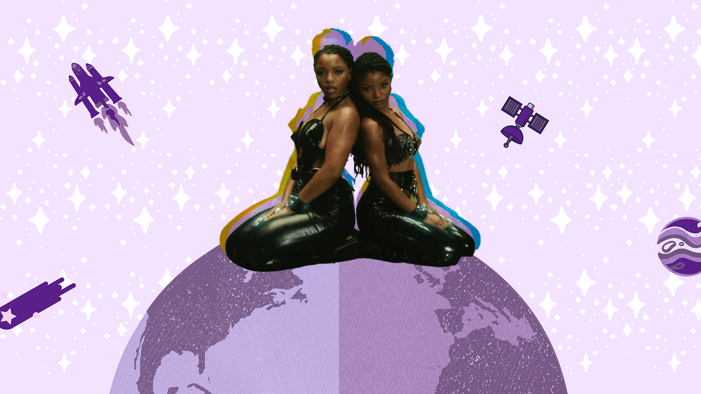 Musical duo Chloe x Halle sit atop the Earth, with stars surrounding them.