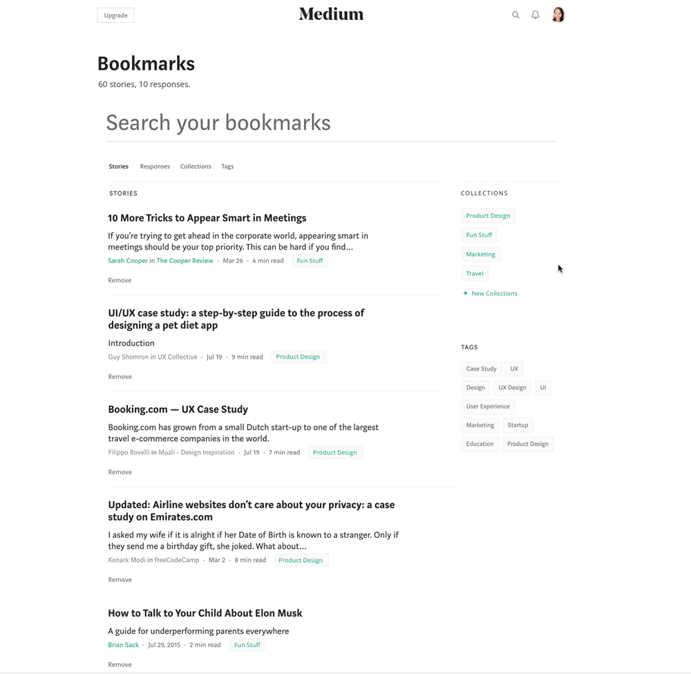 Medium “bookmarks” feature — a UX case study by Cathy Heng UX Collective