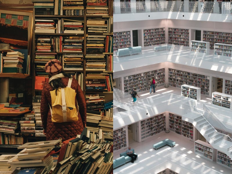 Juxtaposition of photos of libraries. One messy and one tidy. Photo by Unsplash.