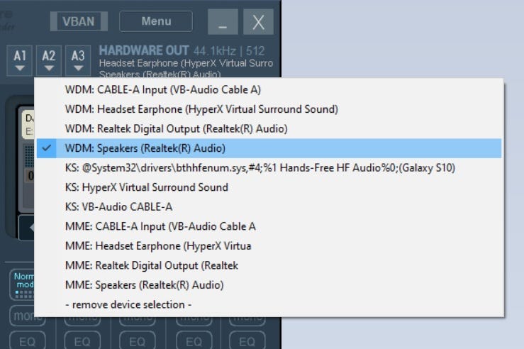 Screenshot of VoiceMeeter Banana showing the selection of desktop speakers for the A2 hardware out interface