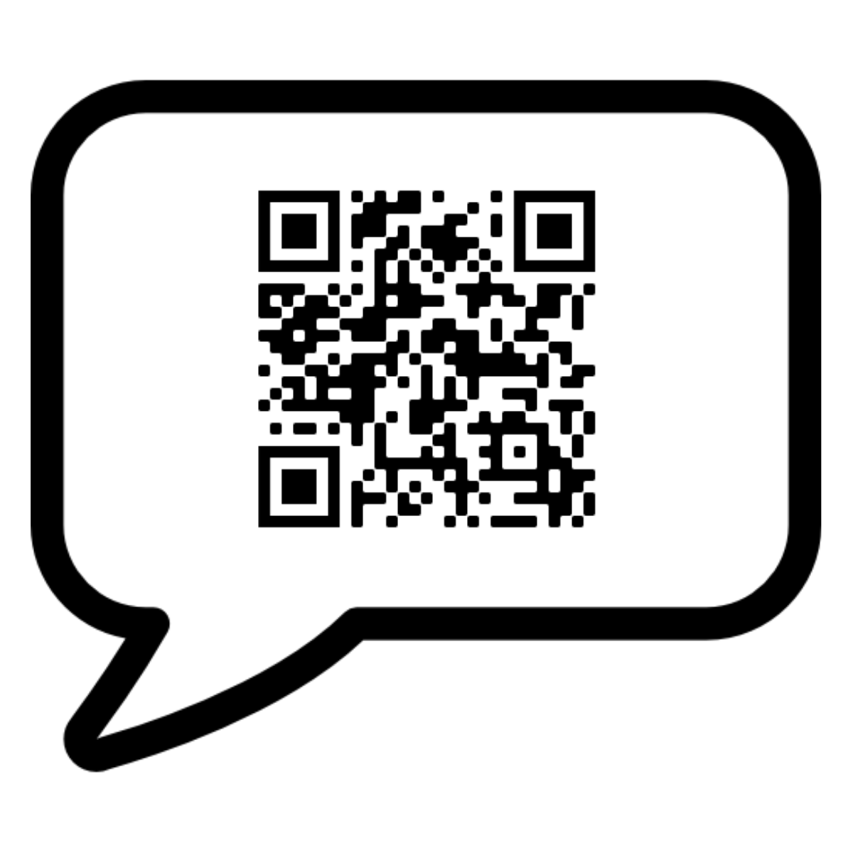 A QR code in a black thought bubble.