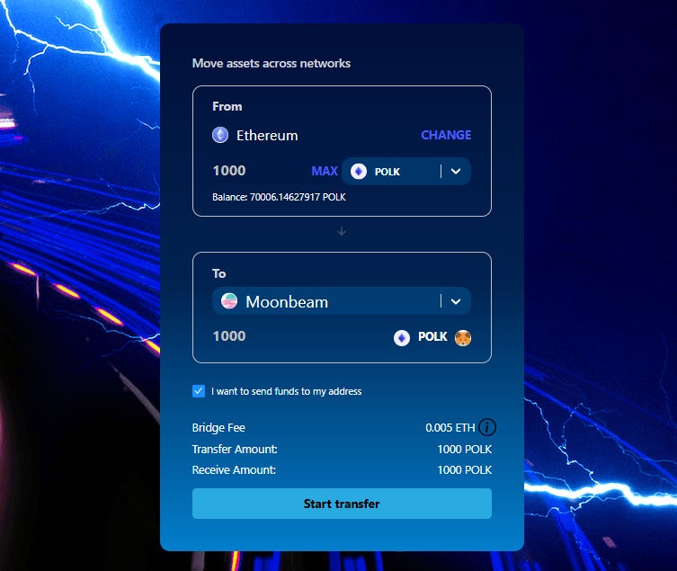 Step 3: Choose Ethereum in the “From” section on top, and POLK as the token, and input the amount you desire to bridge.