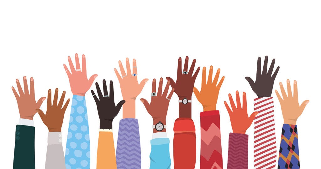 Diversified hands raised