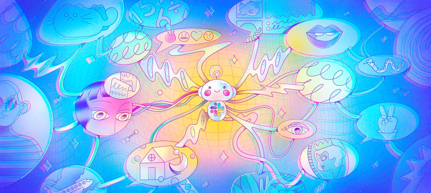 A little robot with a Slack logo is connected to all types of speech bubble representing notifications