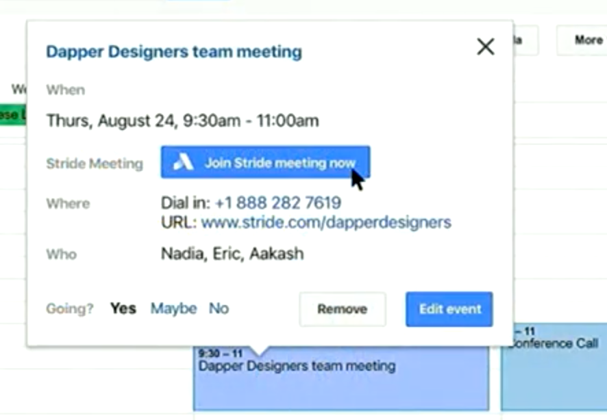 Example of calendar meetings in Atlassian Stride