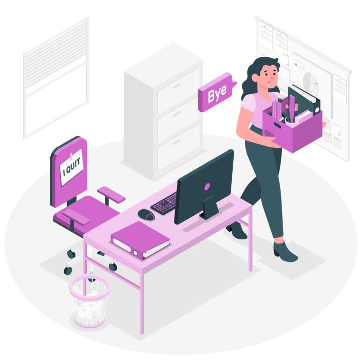 A graphic image of a woman carrying her boxes, resigning
