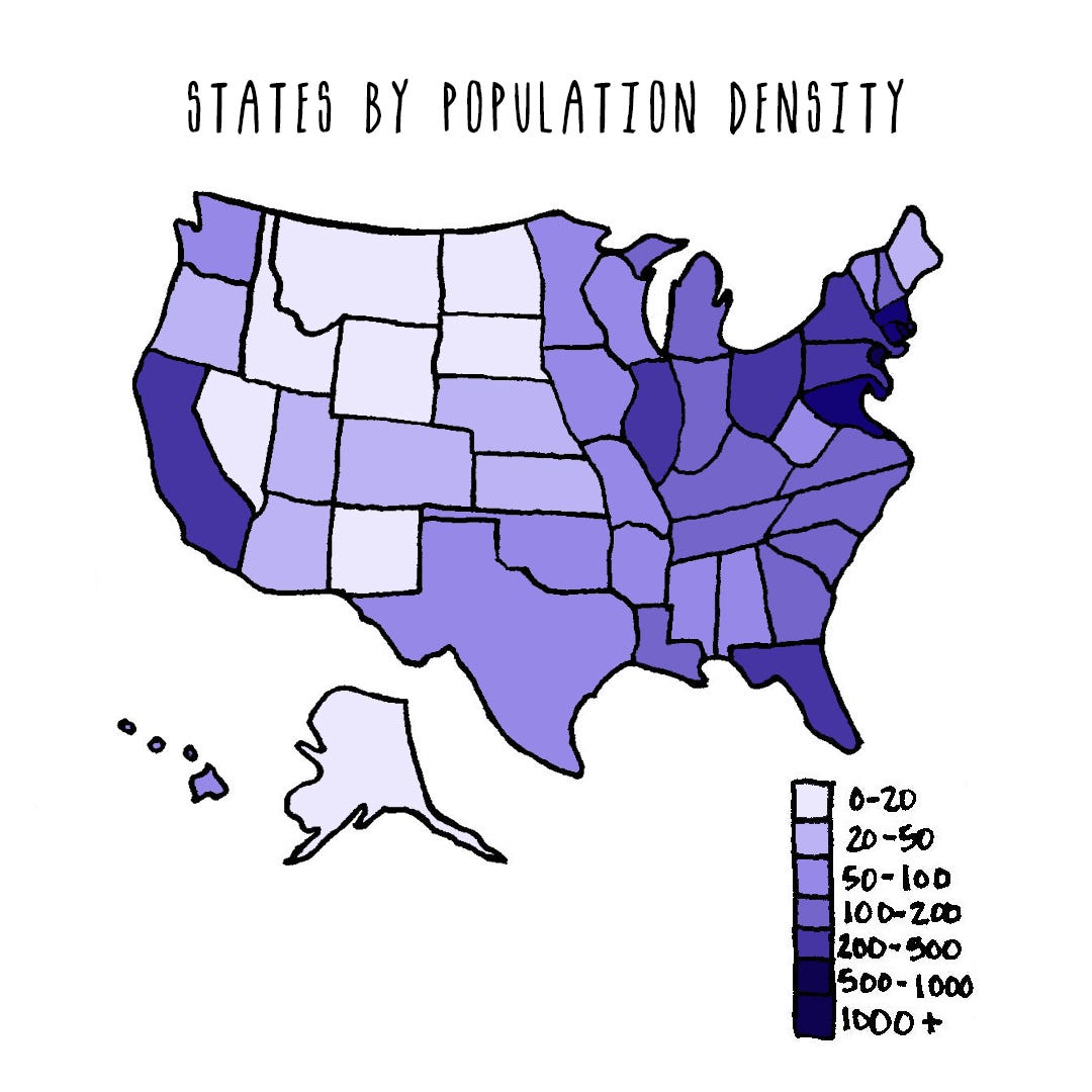 Map of the United States colored shades of purple to show states by population density.