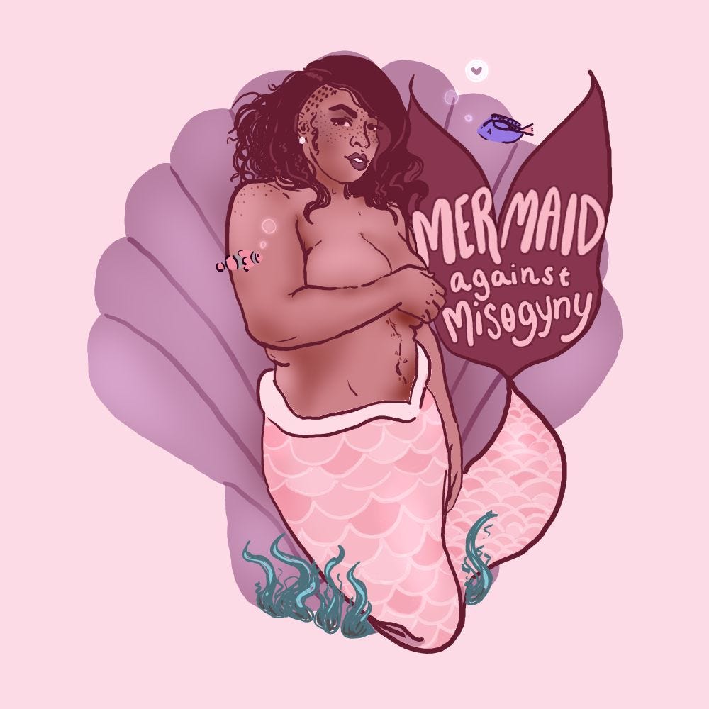 [Image description: Digital illustration of a Black mermaid with flowing hair, a pearl earring, and pink mermaid tail. They are floating in front of a purple shell with a royal blue tang who has a thought bubble with a heart, and a clownfish. Behind them is a glittery background. There’s text on their tail that reads, ‘Mermaid against misogyny.’