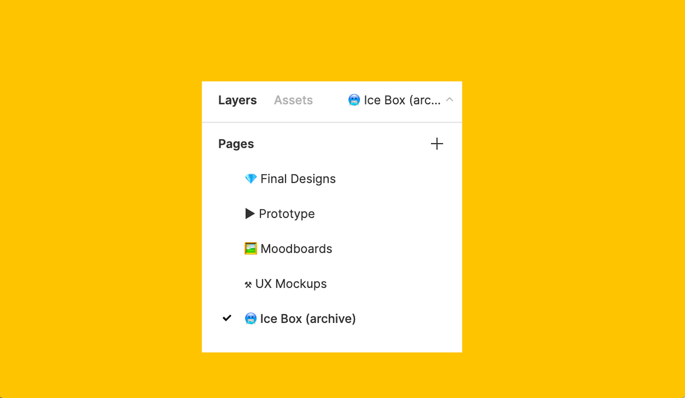 Screenshot showing Figma pages divided into 5 sections, each starting with illustrated icon ‘emoji’: Final Designs (diamond icon), Prototype (Play button), Moodboards (painting frame), UX Mockups (hammer and wrench), Ice Box (cold face)