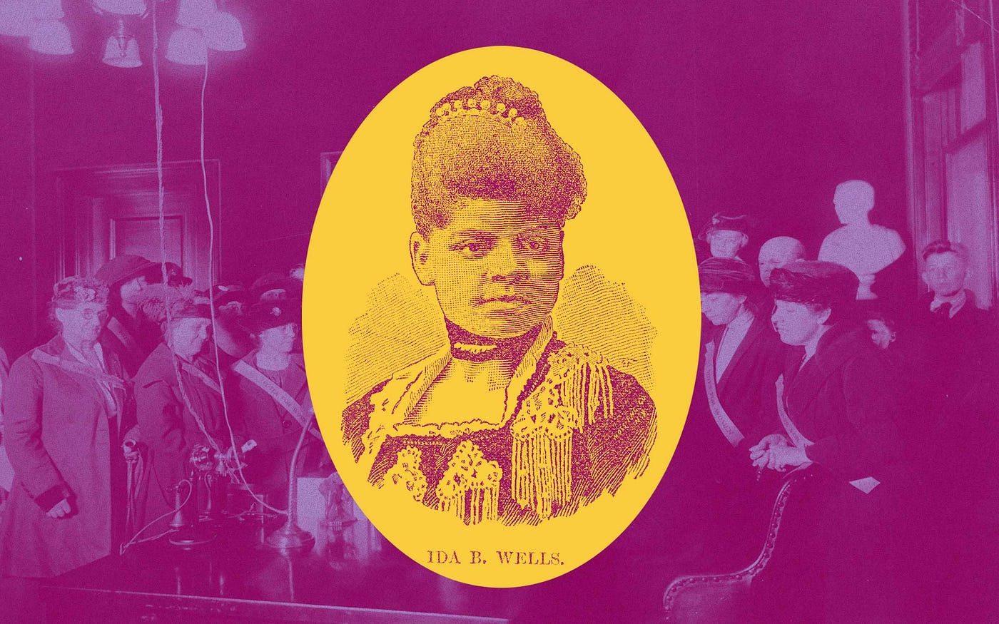 Photo illustration of a portrait of Ida B. Wells against a background image of women voters.