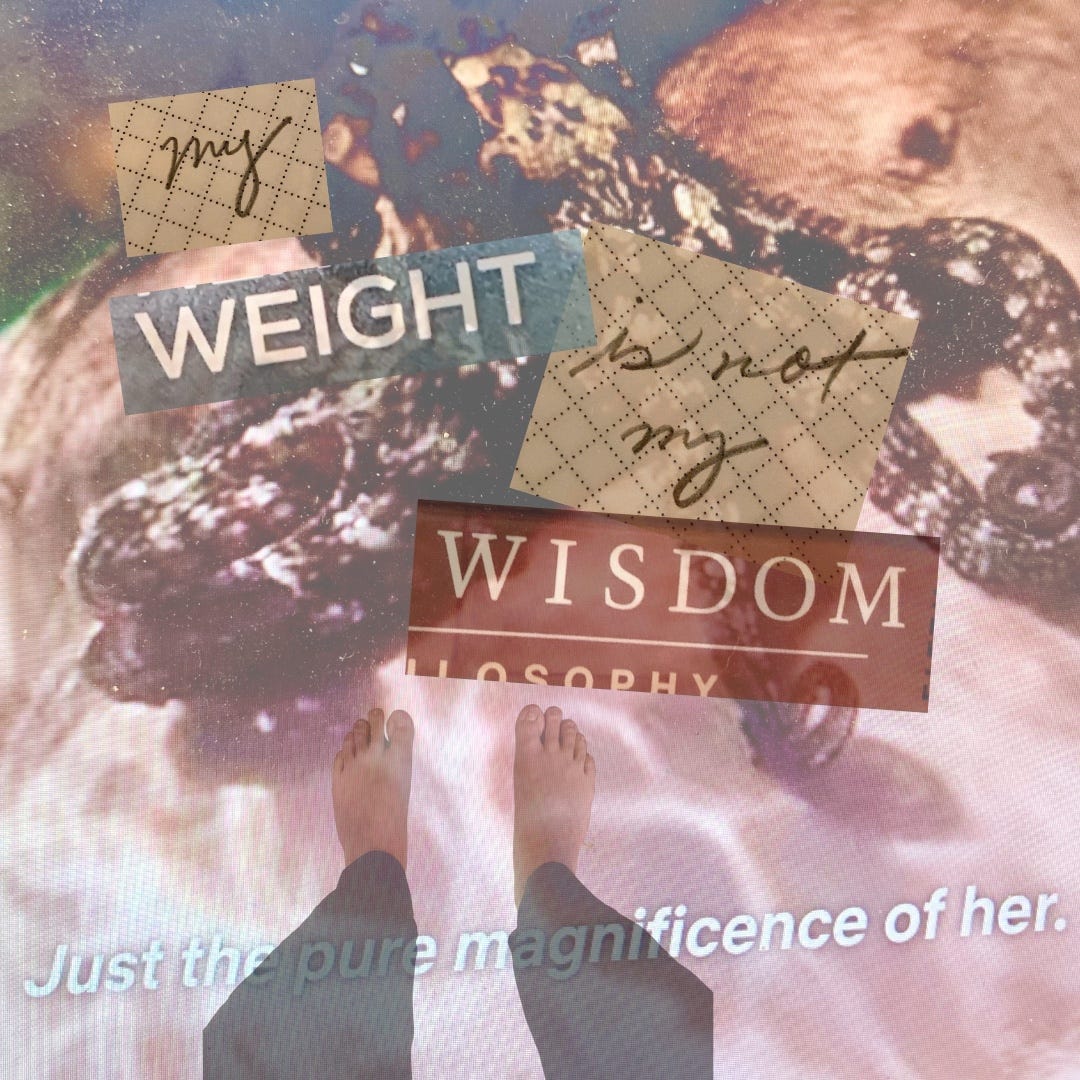 Digital collage created by writer Day 3 OCTOPUS 🐙 @februllage my weight is not my wisdom sources: personal photos + found words + photo of screen while watching the documentary ‘my octopus teacher’