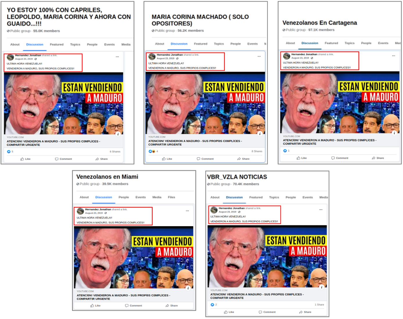 Screenshots showing posts from Hernandez Jonathan that used the same description (red boxes) to falsely claim “[Maduro’s] own cronies betrayed Maduro.” The first and third videos were posted within the same minute, and four of the five videos were posted within the same hour. (Source, left to right: YO ESTOY 100% CON CAPRILES, LEOPOLDO, MARIA CORINA Y AHORA CON GUAIDO…!!!; MARIA CORINA MACHADO ( SOLO OPOSITORES); Venezolanos En Cartagena; Venezolanos en Miami; VBR_VZLA NOTICIAS)