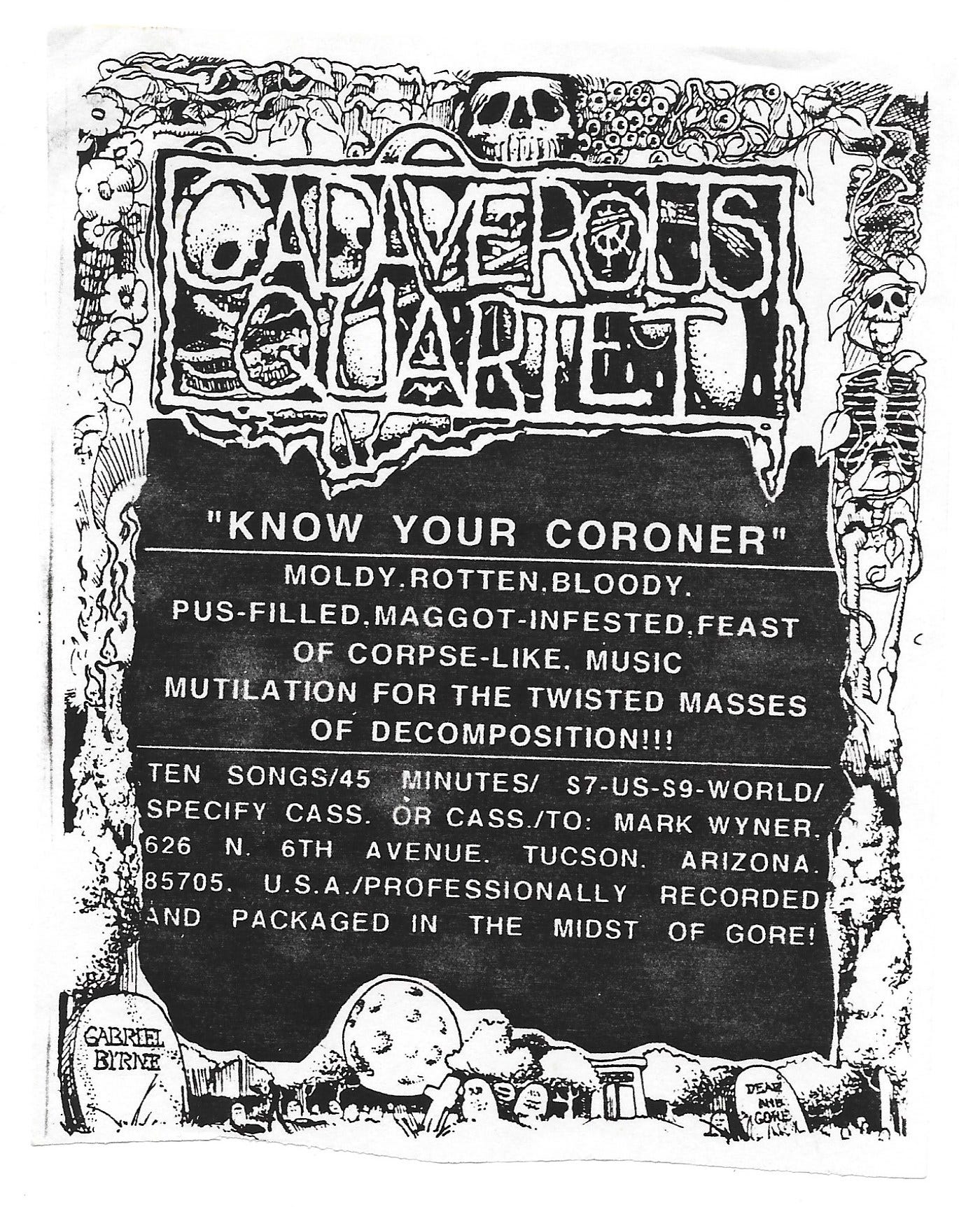 Scan of a small flyer advertising the Cadaverous Quartet demo, “Know Your Coroner”