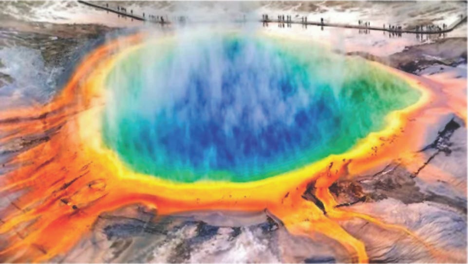 Volcano with rainbow multun lava.