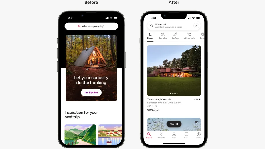 Airbnb’s before and after, showing how not it is organized around categories.