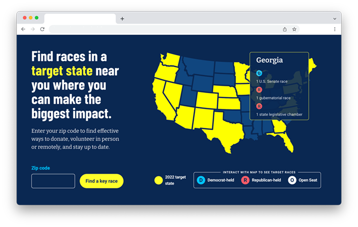 A screenshot of swingleft.org/targets featuring a map of Swing Left’s target states noted in yellow.