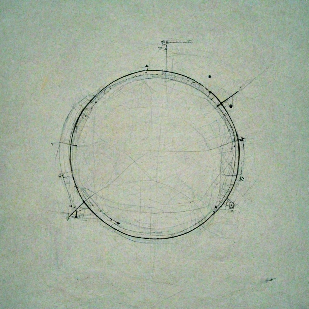 An ink drawing of a circle with lighter lines, dots and angles. It evokes a blueprint or technical drawing without any specific text or description.