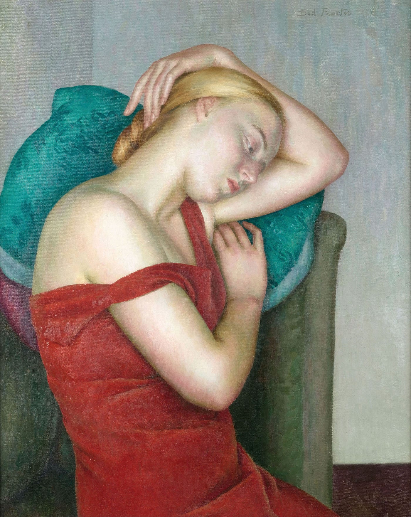 Painting of a white woman with blonde hair, wearing a red dress, she is sitting down and resting her head and arm on a turquoise pillow