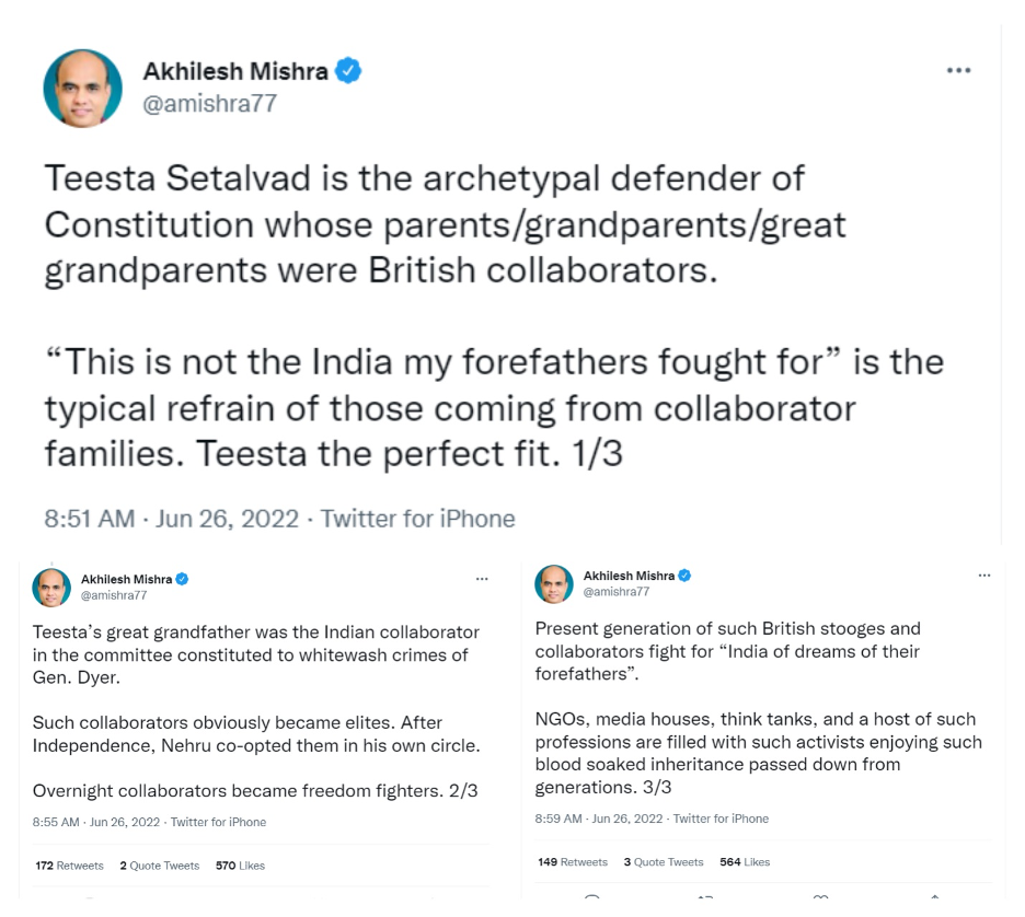 A series of tweets by a pro-BJP Twitter account that accuses Teesta Setalvad of coming from a family of “British collaborators.” (Source: @amishra77)