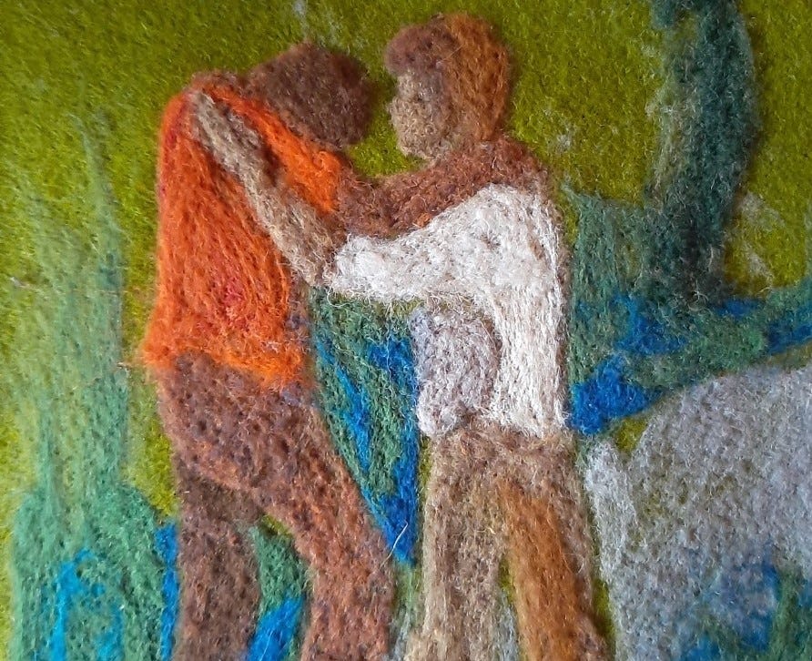Two figures embrace one another in this covering made of hand-dyed wool by Pat Pickett.