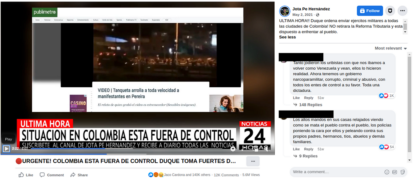 Screenshot showing a video shared on Pulido’s Facebook page that falsely claimed a police armored truck had run over protesters. (Source: Facebook)