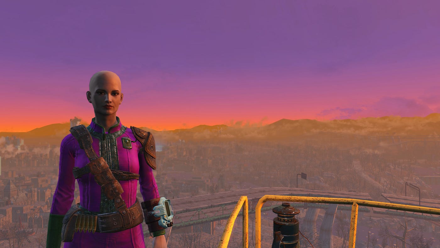 My partner’s Fallout 4 character with a purple and orange sunset behind her.
