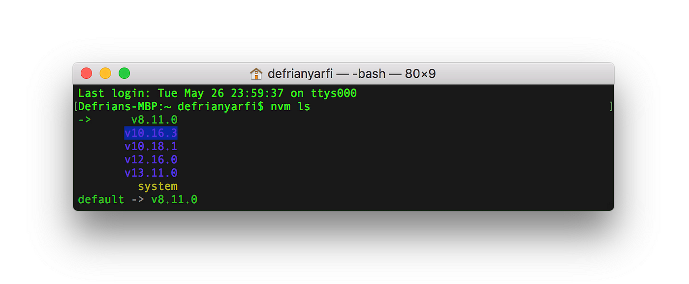 $ nvm ls — List all the available Node Version.