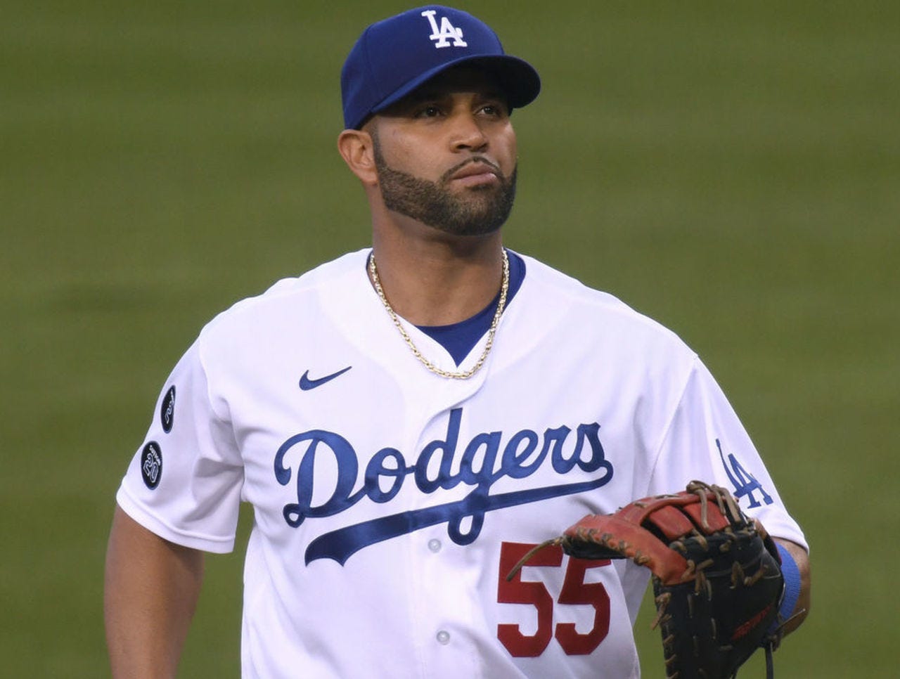 Albert Pujols wearing his #55 Los Angeles Dodger jersey