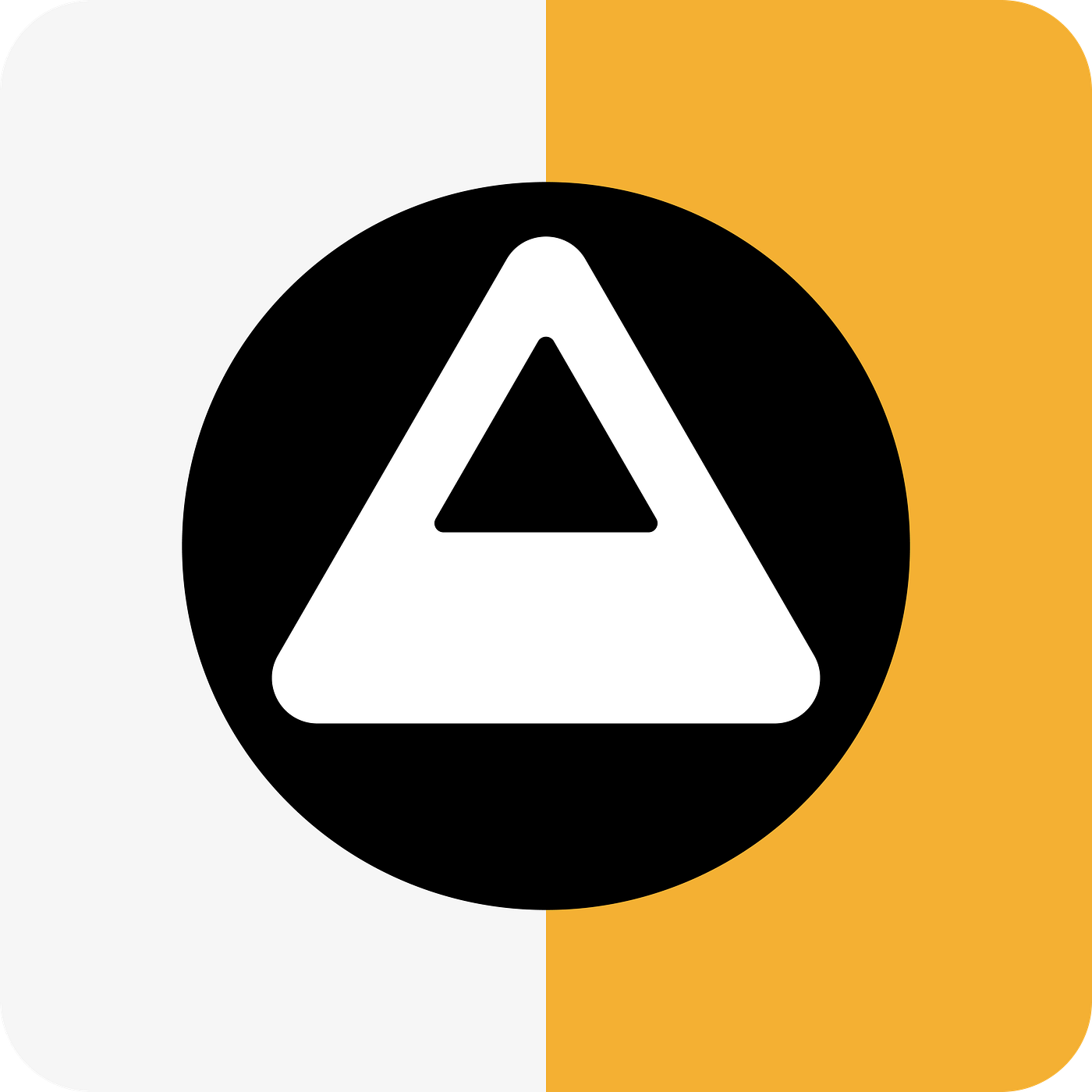 a logo resembling an “A” in a circle, with a two-tone background