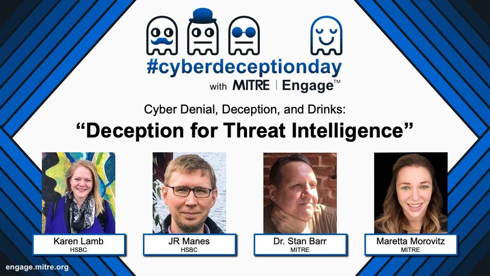 Title slide for the video containing the speakers’ headshots and the text “Cyber Denial, Deception, and Drinks: Deception for Threat Intelligence”