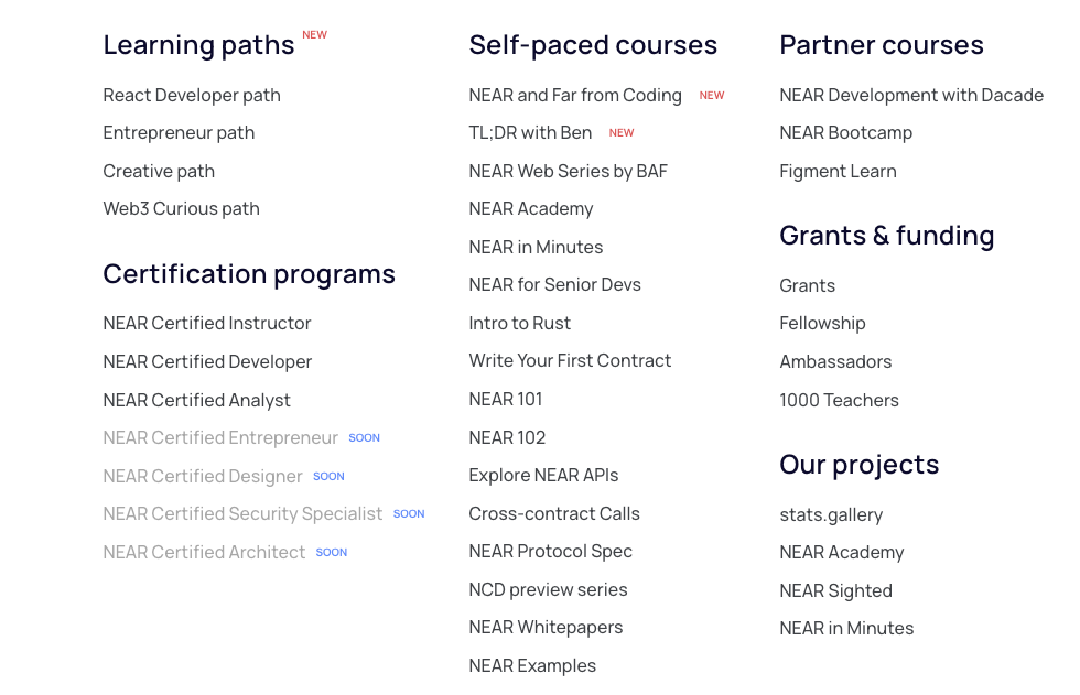 截自 NEAR University 網站，課程的相關連結。