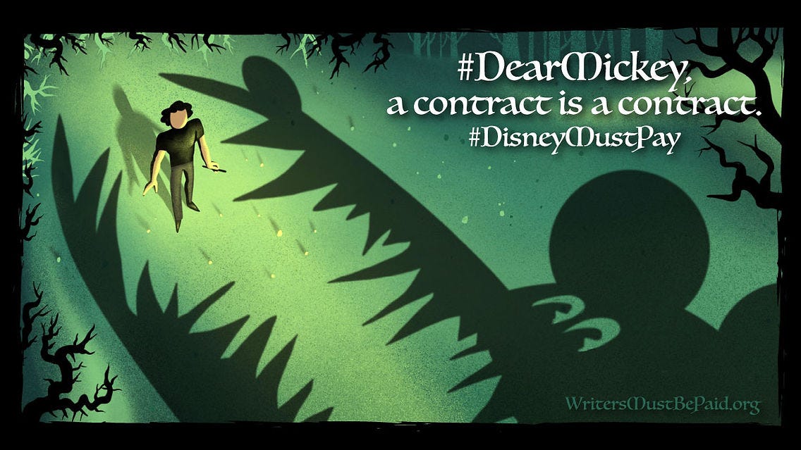 The Disney Must Pay banner, depicting a human figure overshadowed by the silhouette of a giant, fanged mutant mouse. It’s captioned ‘#DearMickey, a contract is a contract. #DisneyMustPay.’