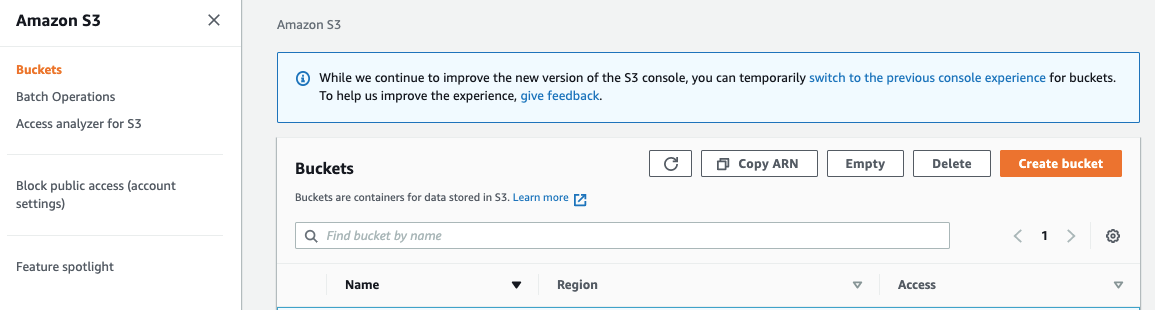 Amazon S3 Buckets page