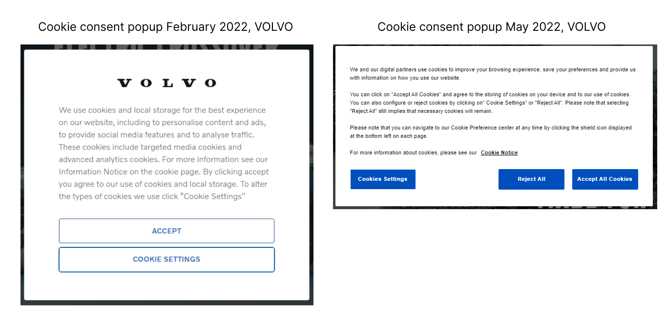 Evolution of cookie consent popup of Volvo in 2022