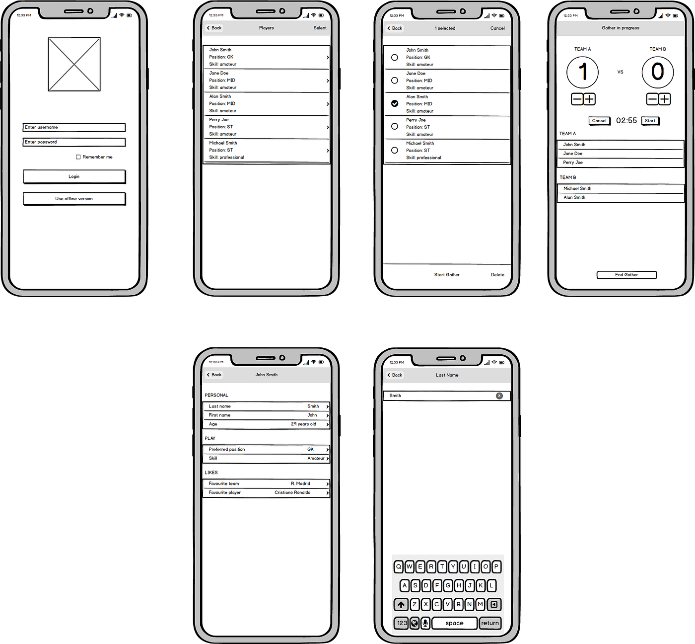 iOS 앱인 "Football Gather" 에 화면 목업
