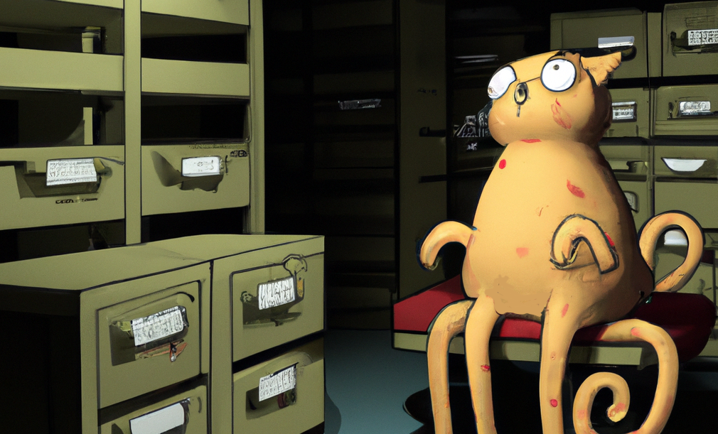 Decorative cartoon of cat with octopus tentacles surrounded by many filing cabinets