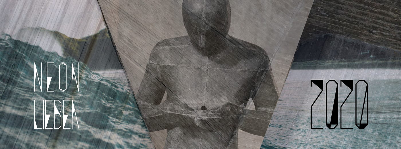 Banner of ocean waves behind concrete triangle and a metal statue looking down at its hands.