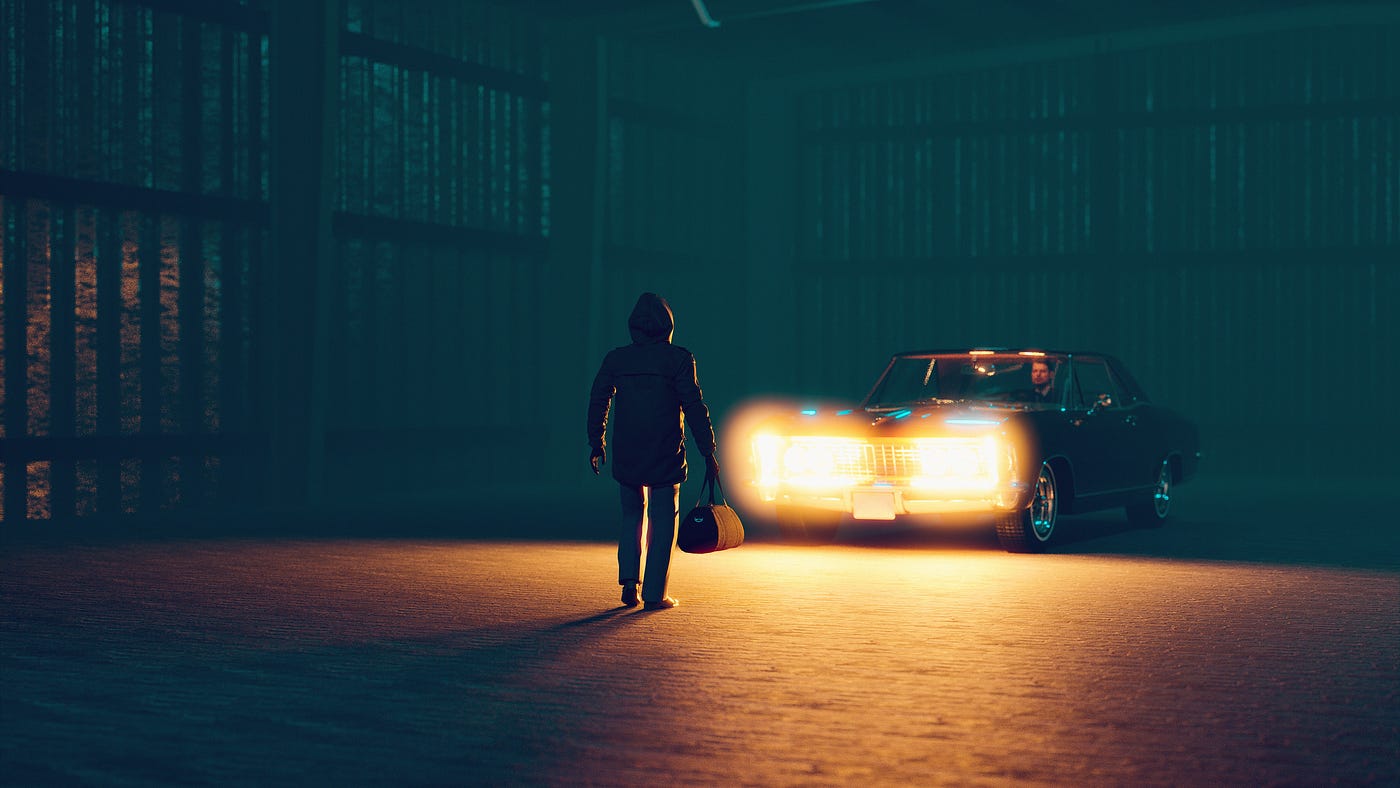 A man in the headlights of an old fashioned car; a suspicious meeting