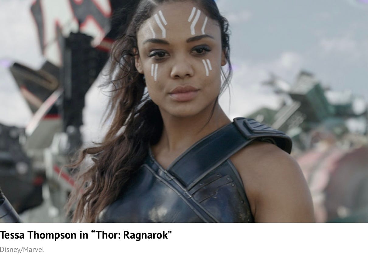 Tessa Thompson as “Valkyrie” in the movie “Thor Ragnarok.”