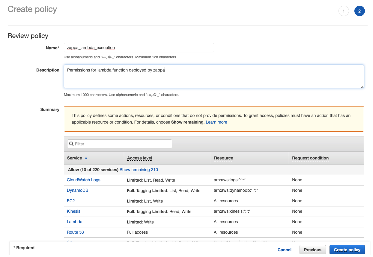 Setting up AWS roles and policies for Lambda apps using Zappa by
