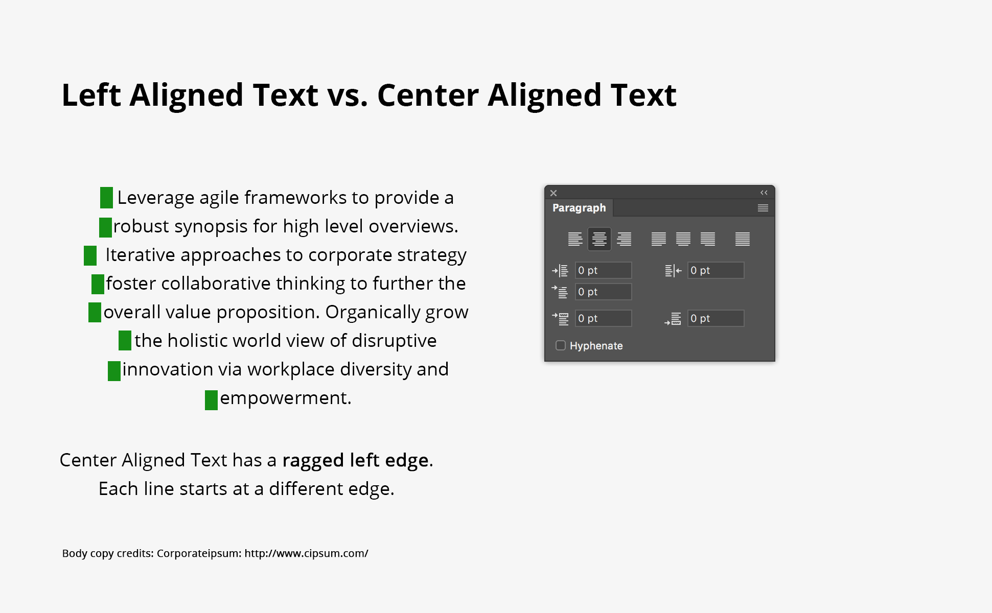 Animation showing text switching from left aligned to center-aligned