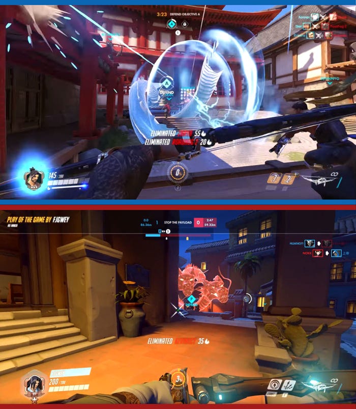 Screen capture from a video of Hanzo's using the Dragonstrike, Hanzo's ultimate ability.