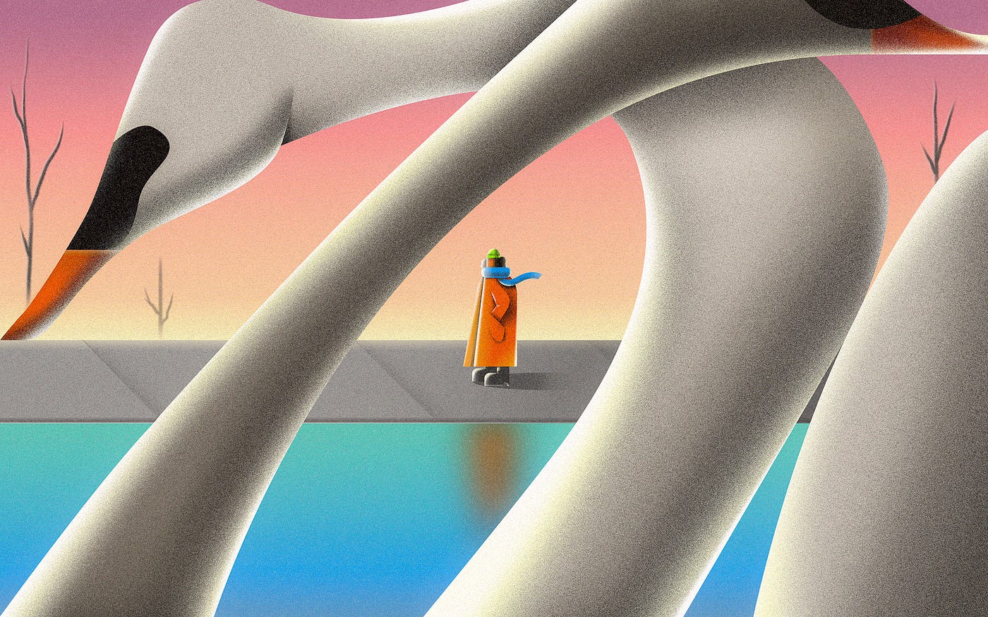 Illustration of a person dressed in winter clothes walking alone on the sidewalk with swan necks silhouetting in the foreground.